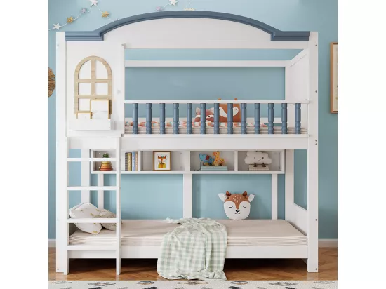 Lit superposé pour enfants 90x200cm, avec protection contre les chutes et rails, avec toit et fenêtres, clôture en bois massif, blanc + bleu