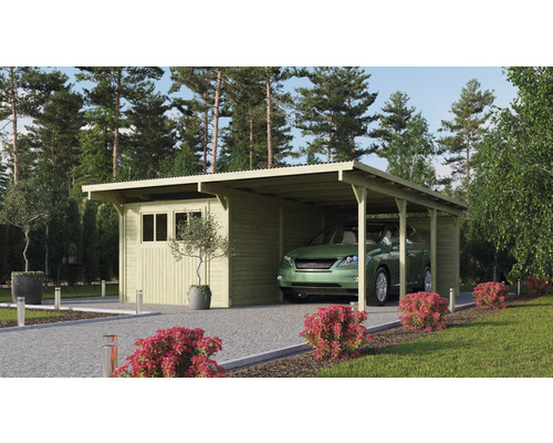 Dubbele carportset Karibu Eco 2 met geïntegreerde berging 11 m² en achterwand 527 x 576 cm, drukgeïmpregneerd