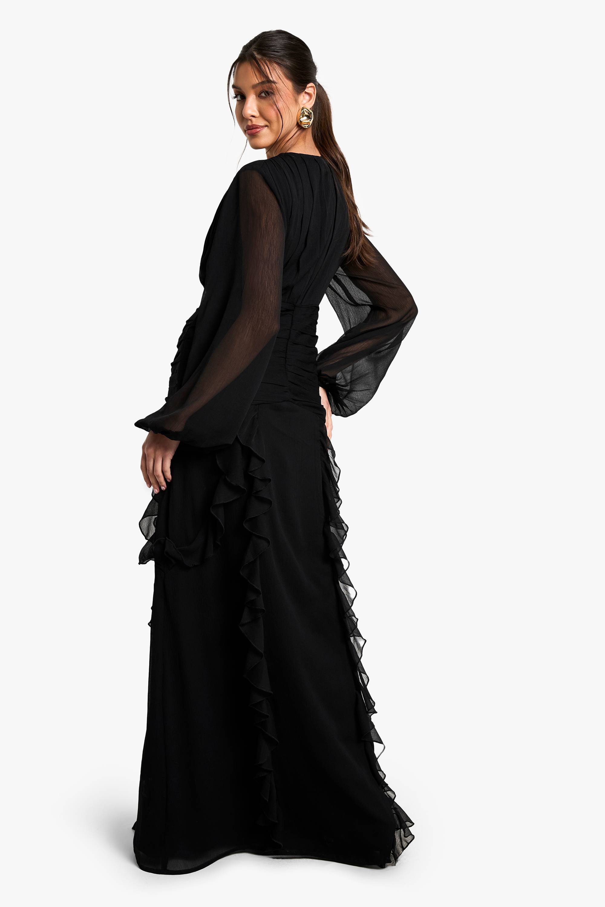 boohoo Robe Longue Maxi À Volants En Mousseline Crêpée