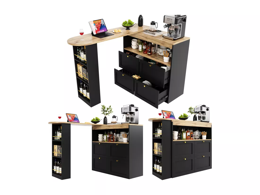 Meuble de bar pivotant - 4 tiroirs, 3 étagères de rangement & niche - MDF plateau effet bois - 138 cm/105x39x102 cm - Noir