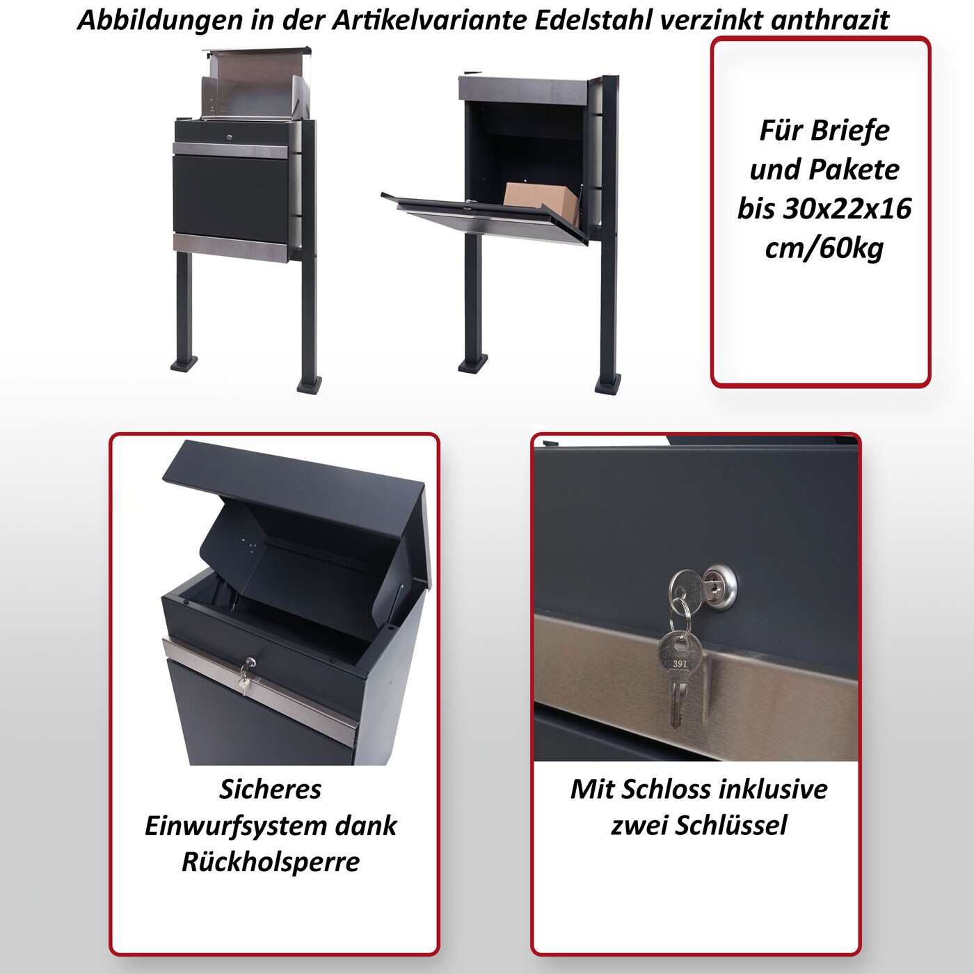 Paketkasten mit Standfuß MCW-K41, Paketbox Paketstation Standbriefkasten, Metall ~ Edelstahl verzinkt anthrazit