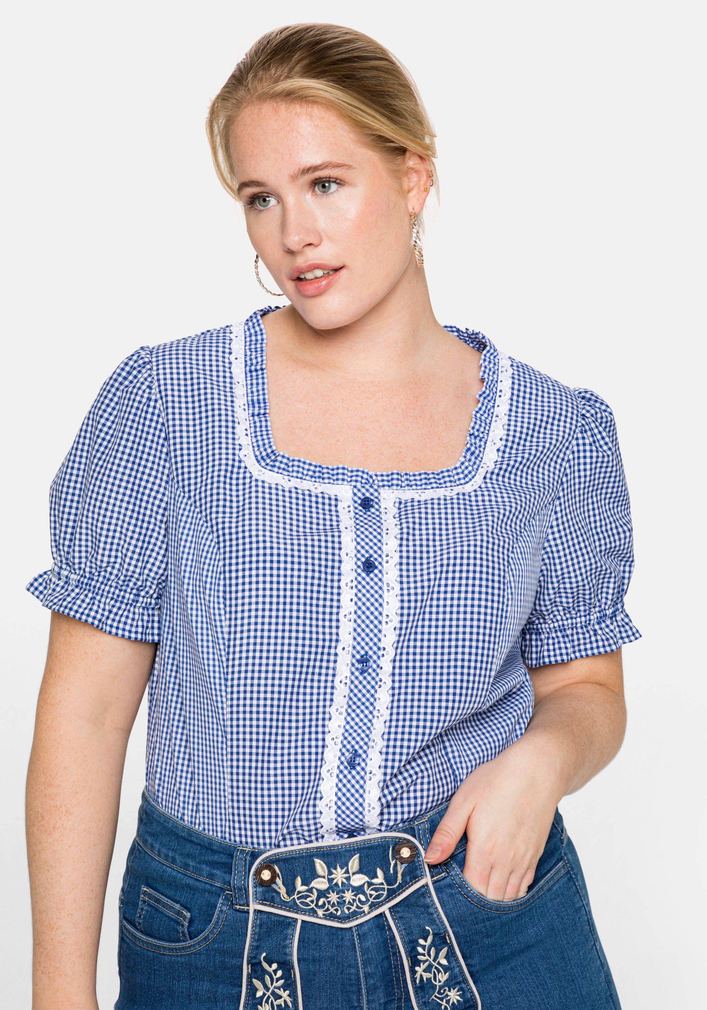 Trachtenbluse im Karo-Design, mit Spitzenbesatz