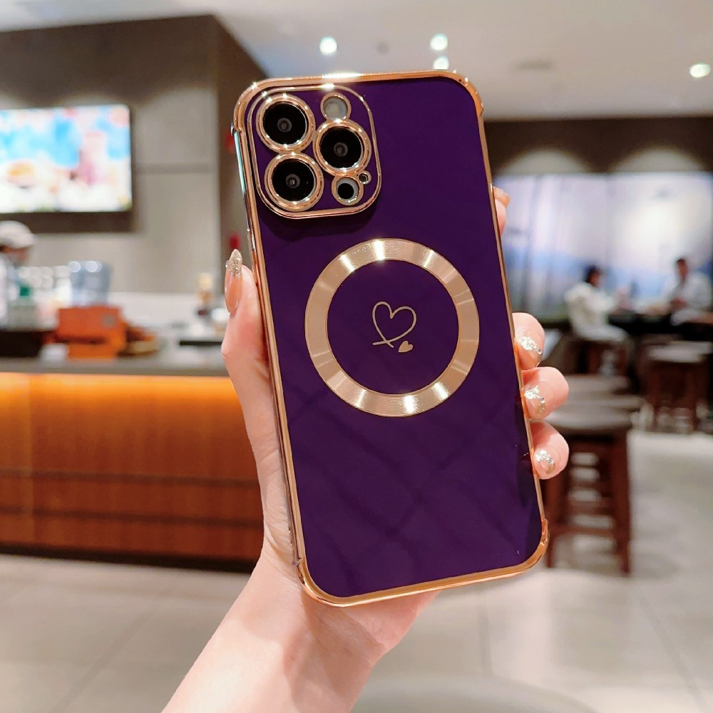 iPhone 16 Pro MagSafe Gummi Case Hülle Galvanisierter Rahmen   Kameraglasschutz - Violett / Gold