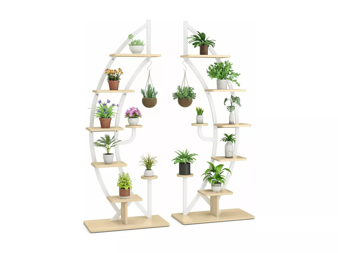 Support de Plante en Métal à 7 Niveaux, Étagère à Fleurs avec Crochet, Porte Plantes en Forme Demi-lune avec Dispositif Anti-renversement pour Salon Balcon 60 x 30 x 155 CM, Blanc (2 pièces)