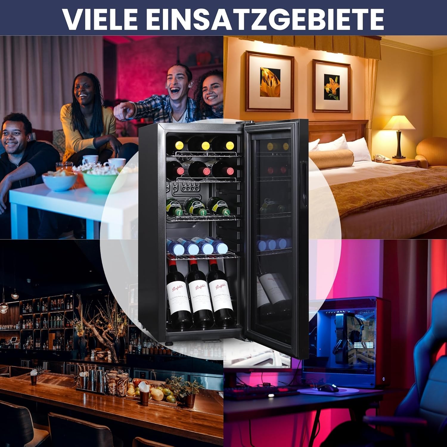 Kühlschrank mit Glastür GK60– Leiser Getränkekühlschrank mit LED, Touchscreen & Schloss kleiner Flaschenkühlschrank schwarz 60L