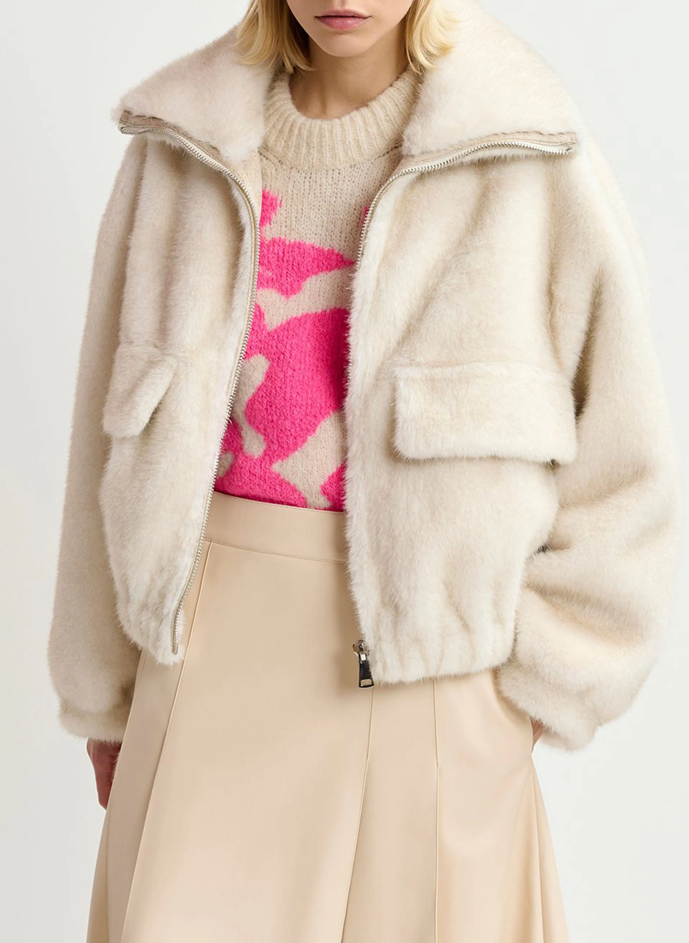 GENZ - Blouson col large en fourrure synthétique| Blanc