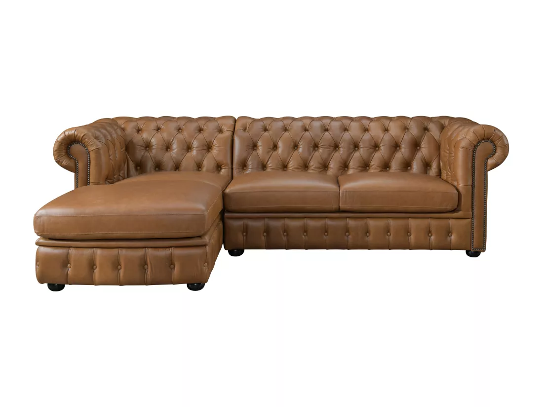 Canapé d'angle gauche chesterfield BRENTON 100% cuir de buffle premium - Caramel vintage