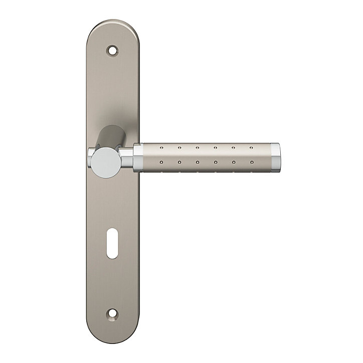 Ensemble poignée sur plaque rond serrure GoodHome Brigg effet chrome et nickel satin gris L.132mm x l.40mm entraxe 195mm