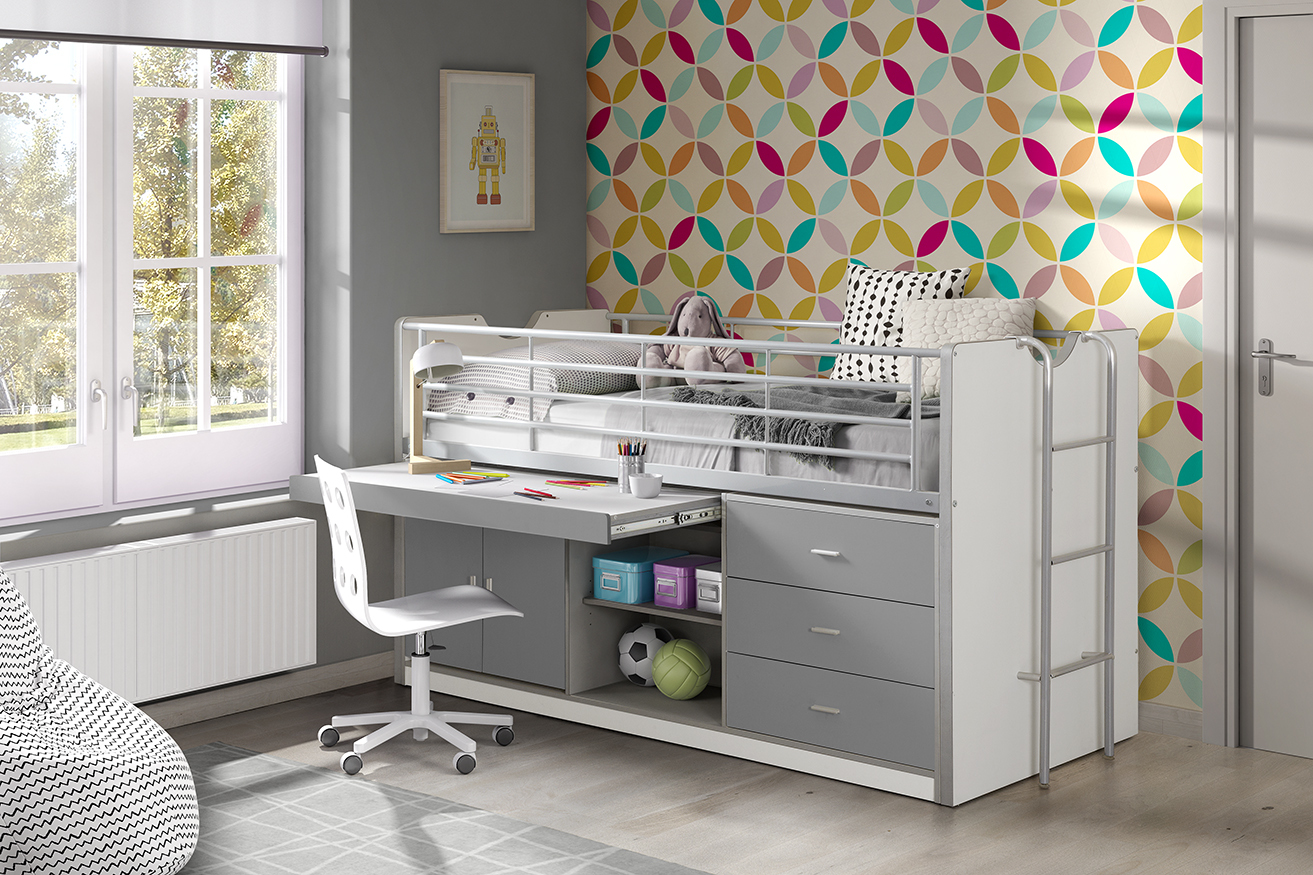 Funktions-Hochbett BONNY - weiß-silbergrau - mit Schreibtischschublade - 90x200 cm