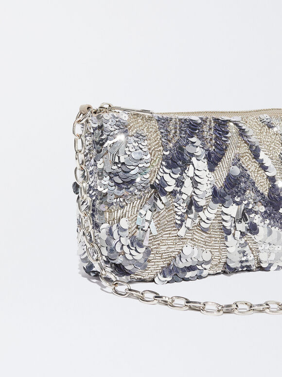 Bolsa de festa com lantejoulas e miçangas - Prateada