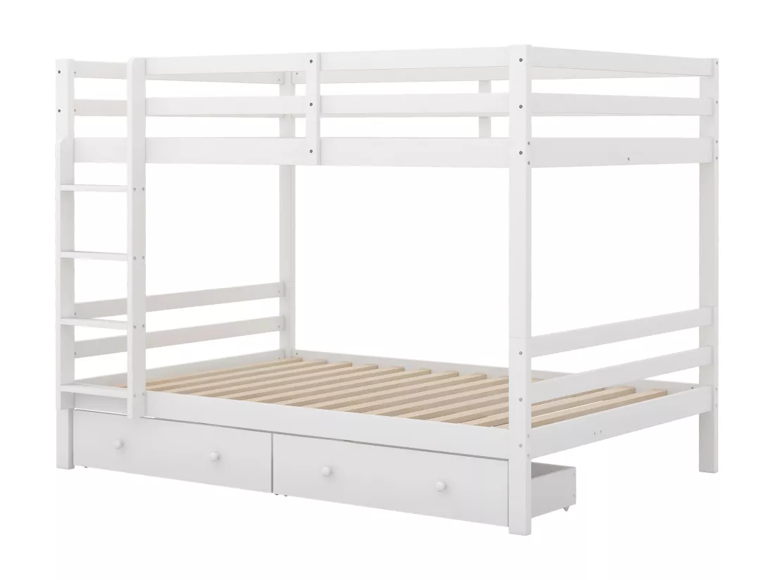 Lit superposé 140x200cm, lit d'enfant avec 2 tiroirs, échelle, garde-corps hauts, blanc