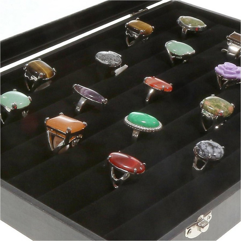 Porte bijoux coffret mallette pour bagues simili cuir noir Noir