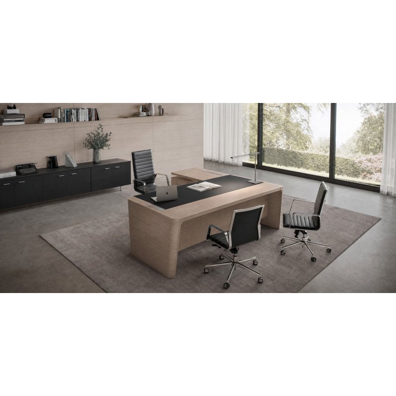 Bureau d'angle Direction Xennon finition placage bois L 190 x P 220cm avec retour sur caisson et sous-main en cuir