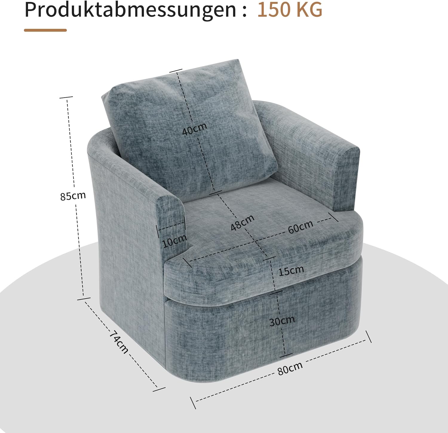 Drehsessel, Chenille Sessel, 360° schwenkbar, mit U-förmiger Rückenlehne und gepolsterter Sitzfläche, geeignet für Wohnzimmer, Schlafzimmer und Büro, Blau