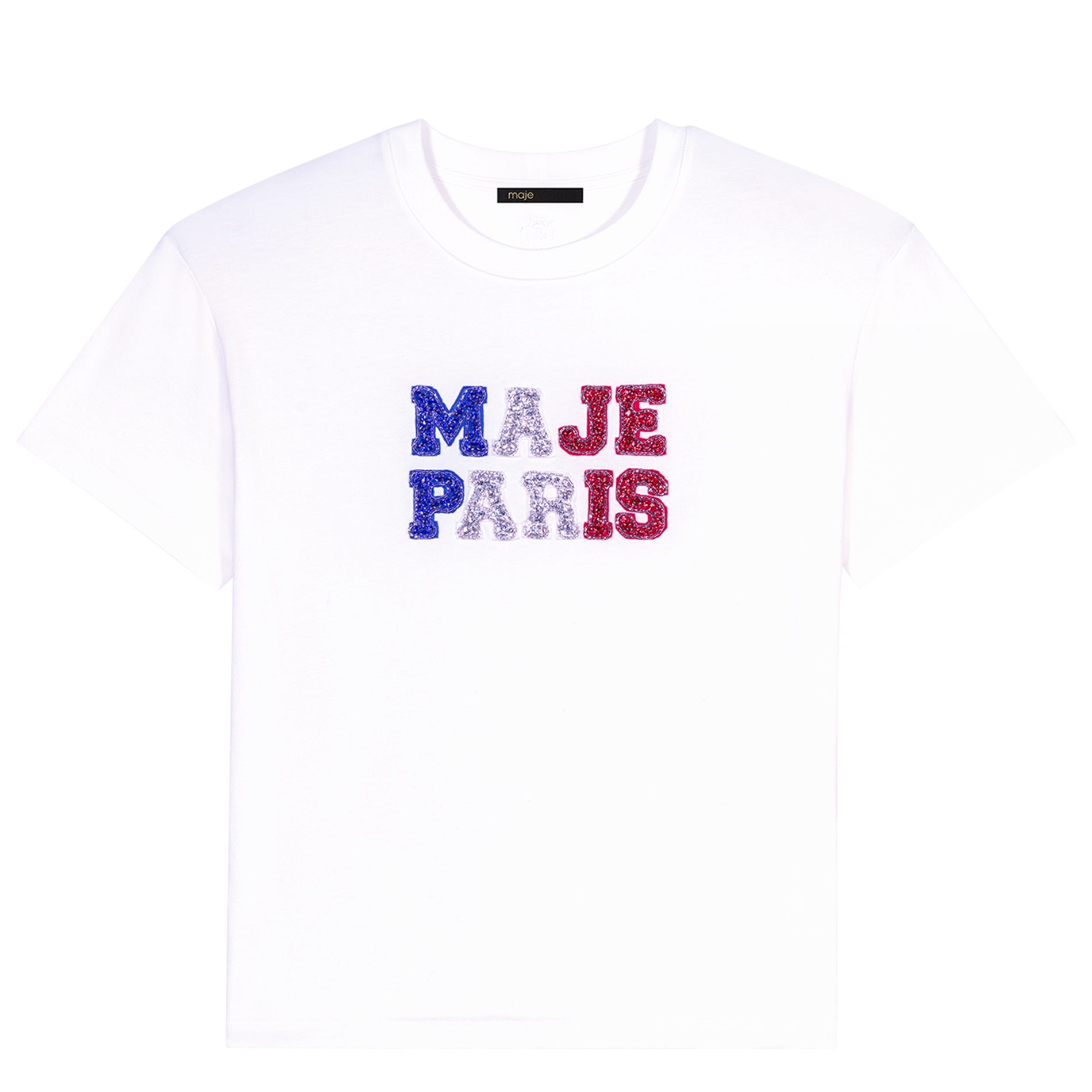 Tee-shirt droit col rond en coton strassé | Blanc