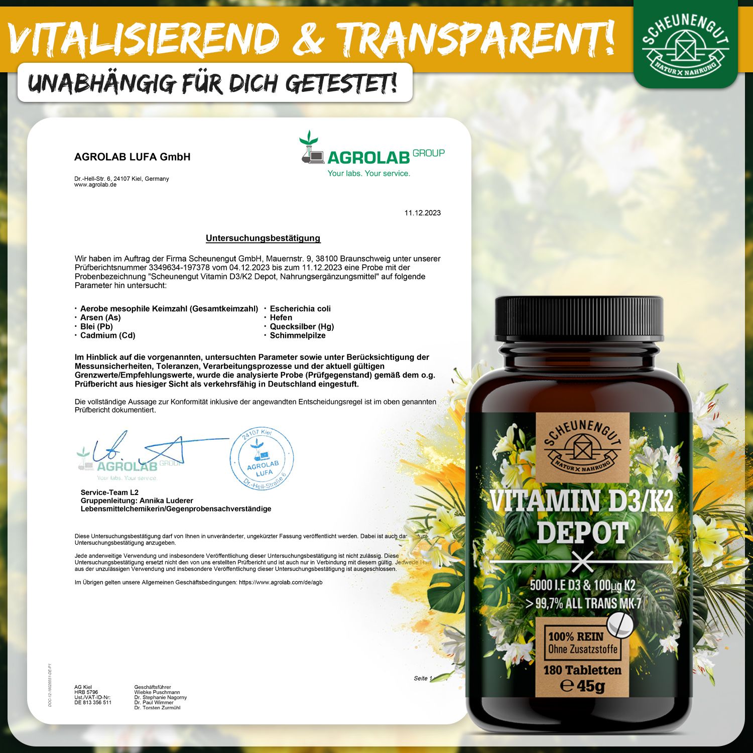 Scheunengut® Vitamin D3 K2 - Hochdosierte Depot Kapseln mit 5000 IE D3 & 100µg K2