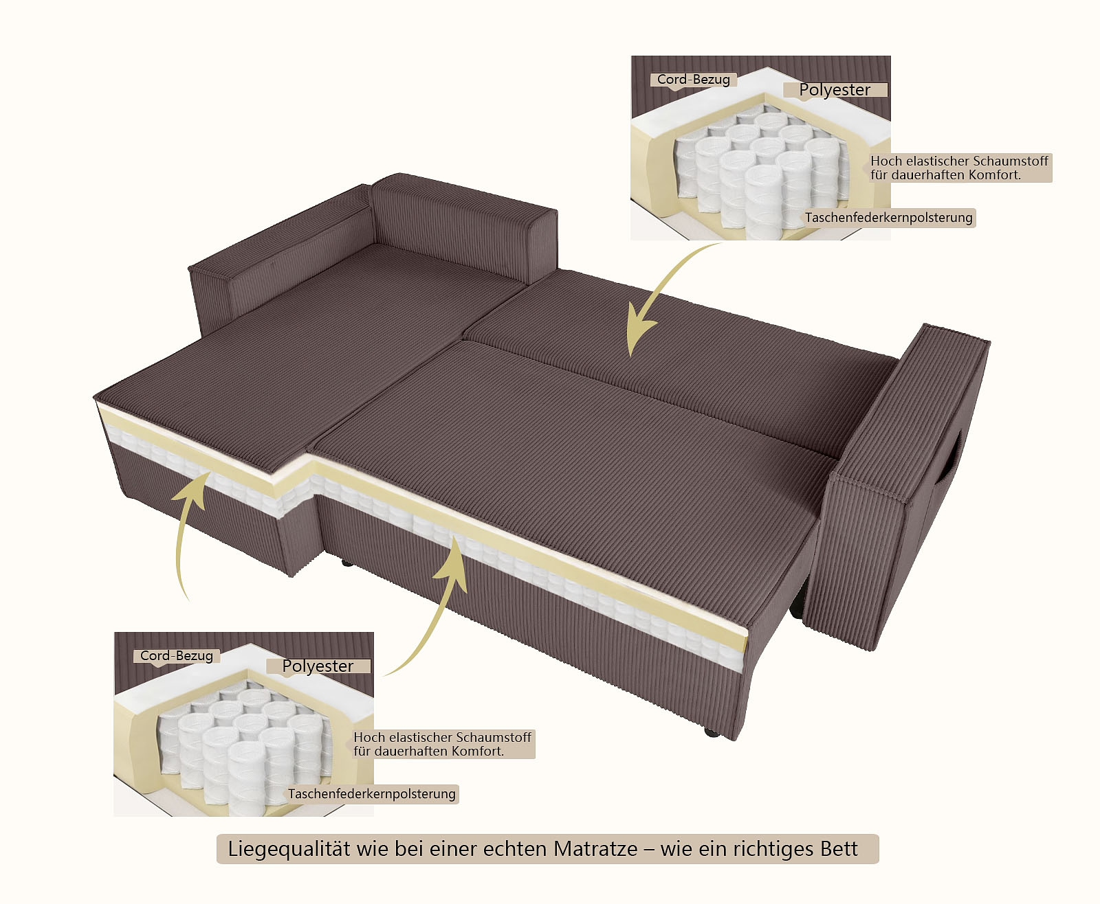 GOODproduct Ecksofa »CASSI, 241cm, L-Form, Schlafsofa, Bettkasten, Boxspringfederung, Cord« Schlaffunktion (133/200) ,Bettkasten, Recamiere links/rechts, Cord