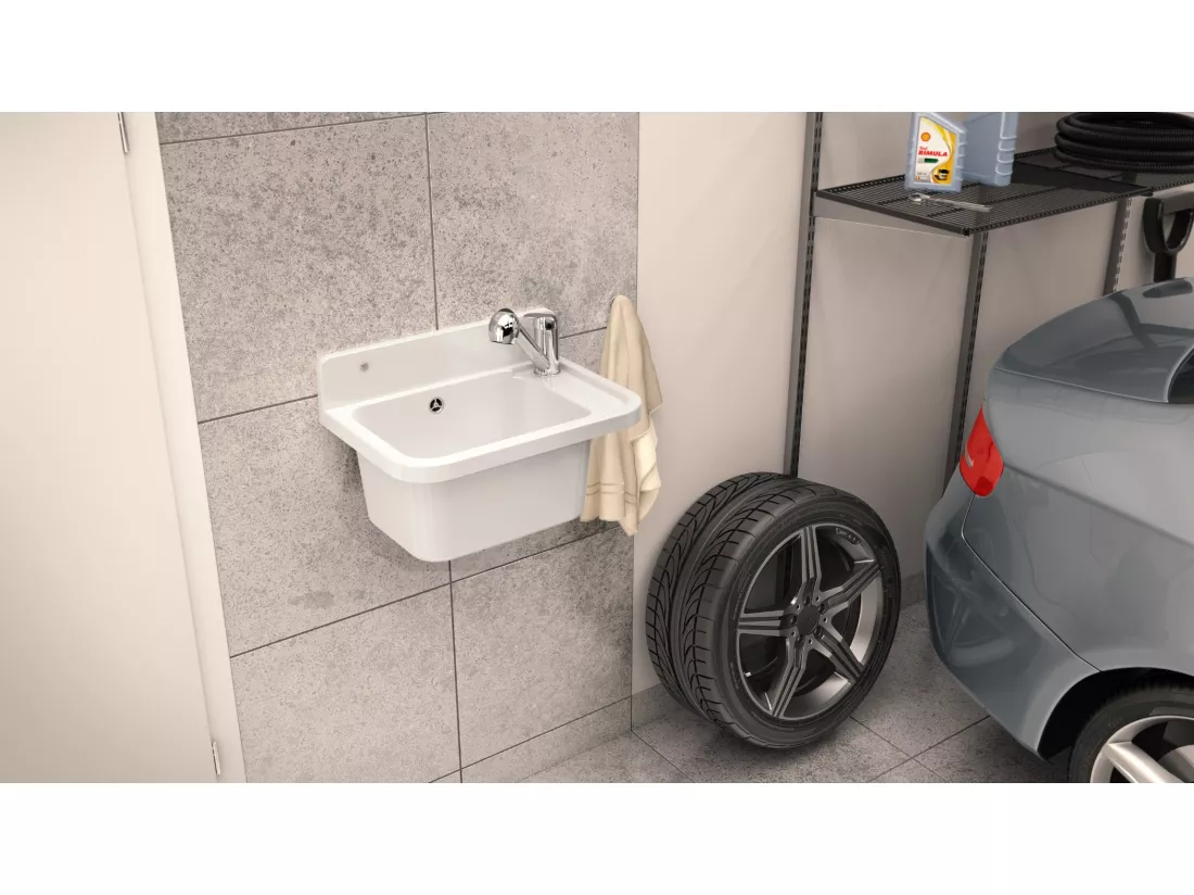 ÉVIER DE FERME CUVETTE BLANC GARAGE PARON ROBINET BEC EXTRACTIBLE CHROME MAIN