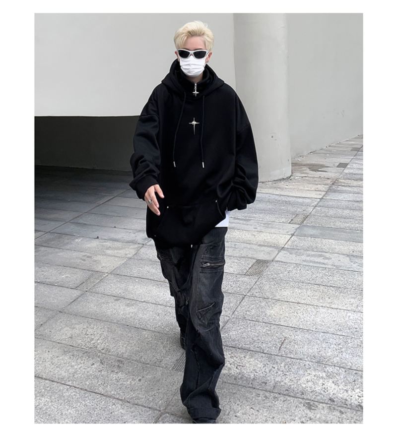 Bay Go Mall - Hoodie met opstaande kraag en tweedelige effen sterrenaccent en rits