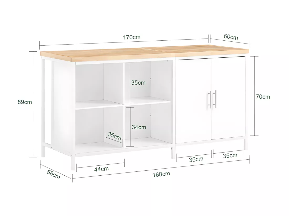 SoBuy îlot Central de Cuisine avec Plan de Travail en Bois d'hévéa, Desserte de Cuisine, Placard de Cuisine avec 2 Portes, 4 Cubes Compartiments, 170x60x89 cm, Blanc KNL09-WN