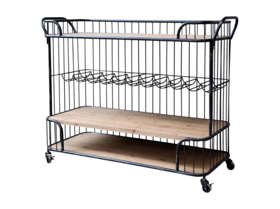 Chariot desserte bouteille en bois marron et fer noir 125 x 46 x 92 cm