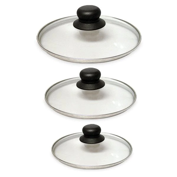 Lot 3 couvercles en verre cerclés inox 16, 18 et 20 cm Mathon