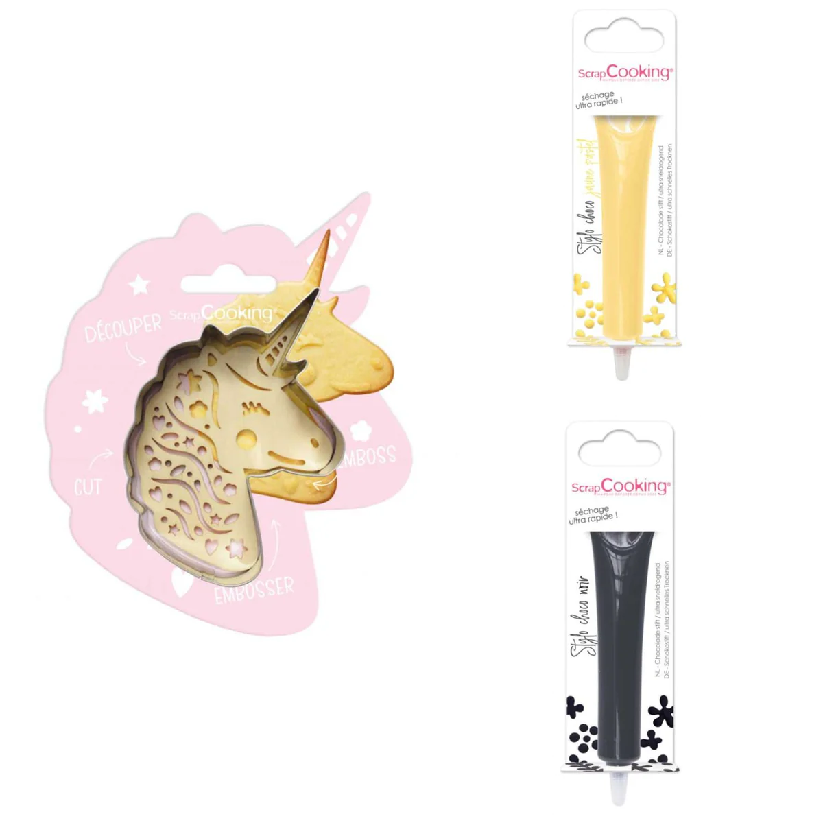Kit pour biscuit en relief Licorne + 2 Stylos au chocolat jaune pastel