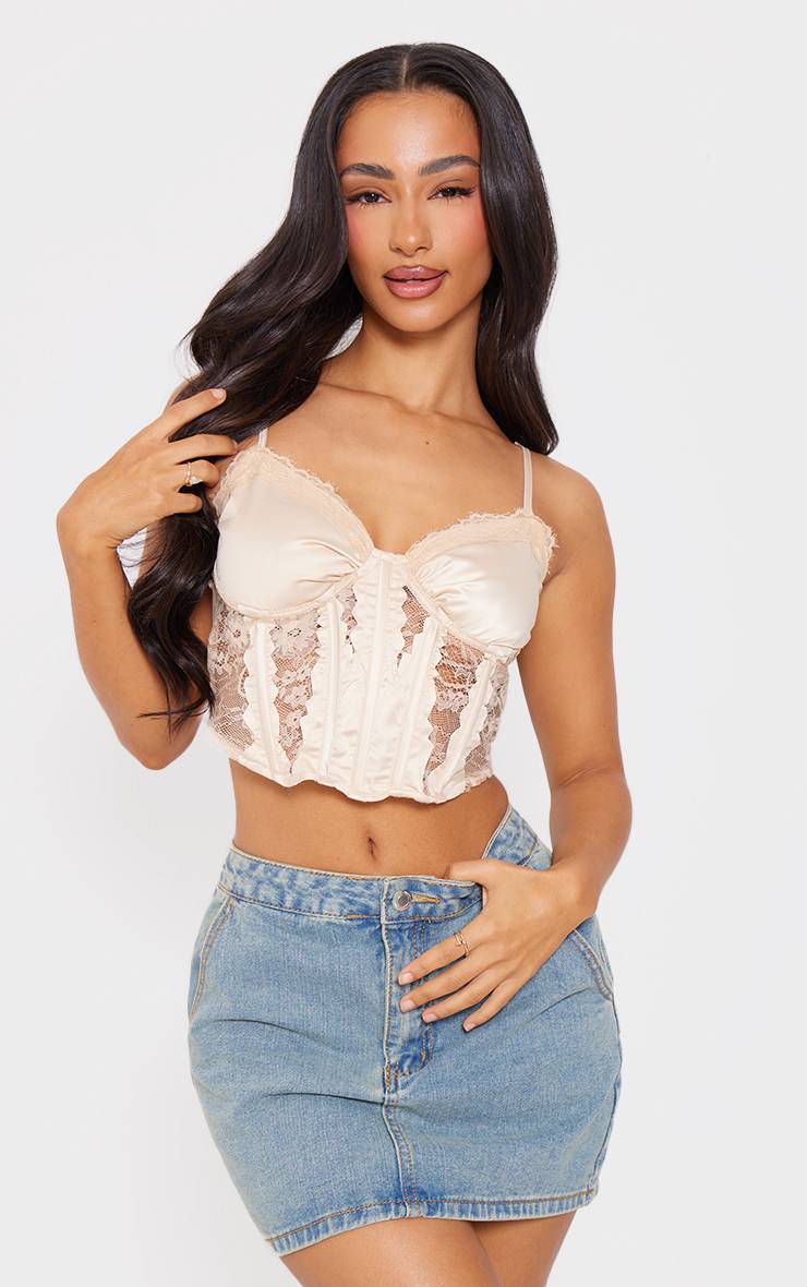 Gris Pierre Corset En Satin Petite Avec Détails En Dentelle
