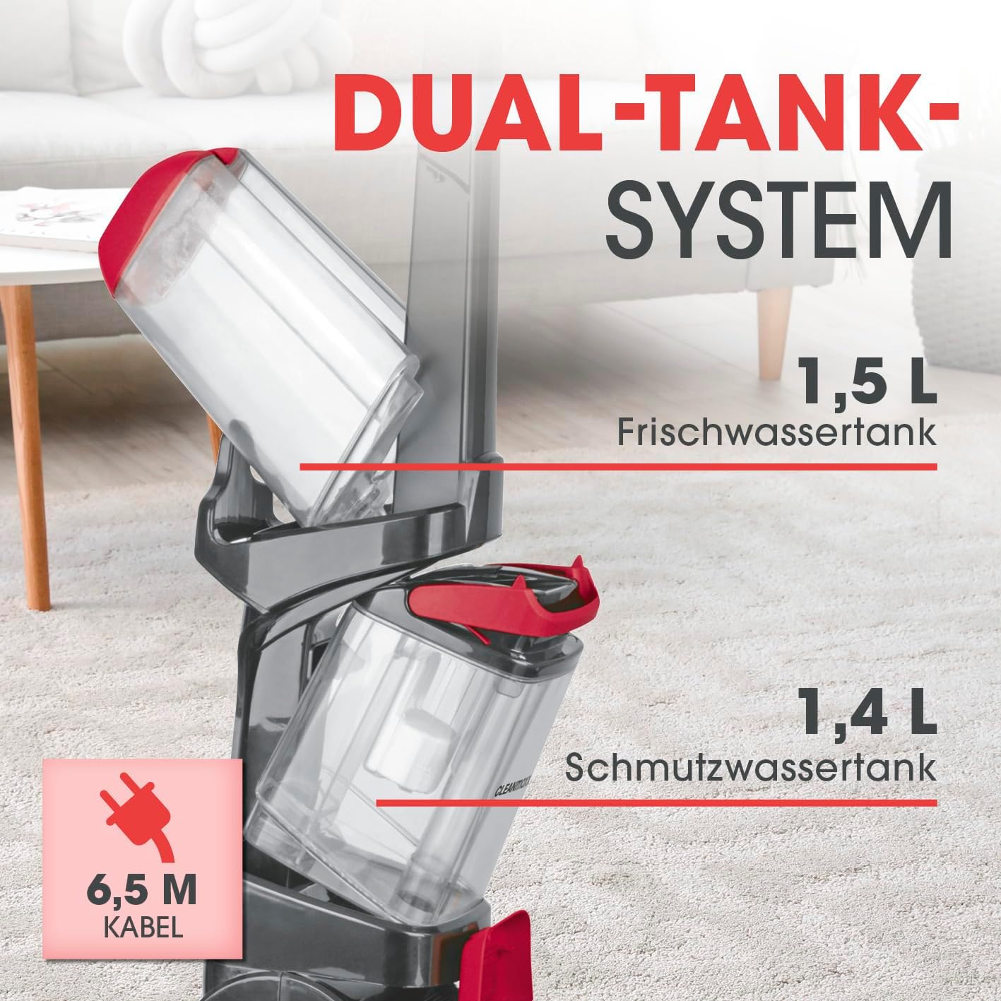 CLEANmaxx Teppichreiniger AquaStream | 3 in 1: waschen, reinigen, absaugen | Nasssauger mit Vibrationsbürsten & Seitenbürsten | Waschsauger, Trockensauger in 1 – für Sauberkeit auf fast jedem Teppich