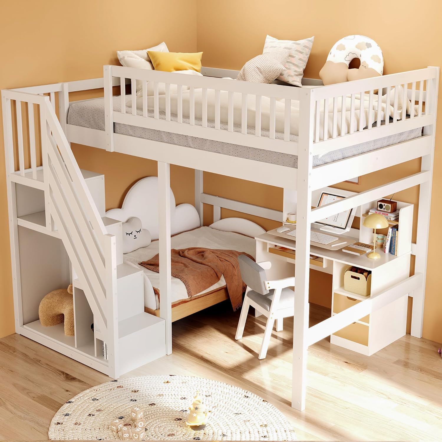 Kinderbett Etagenbett 140x200 cm, Hochbett mit Treppe und Stauschrank, Multifunktionsbett Doppelbett Stockbett Spielbett Kinderhochbett Jugendhochbett mit Lattenrost, Massivholz, Ohne Matratze, Weiß
