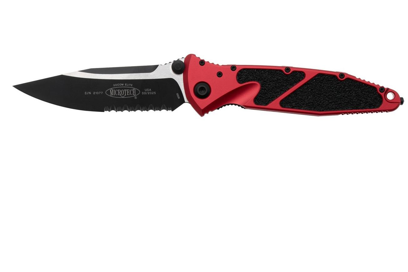 Microtech Socom Elite 160-2RD, Two Tone Black M390 Clippoint, Red Aluminum, partly serrated zakmes
