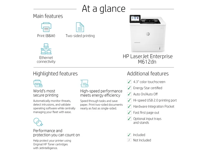 HP LaserJet Enterprise M612dn - Printer - S/H - Duplex - laser - A4/Legal - 1200 x 1200 dpi - op til 71 spm - kapacitet: 650 ark - USB 2.0, Gigabit LAN, USB 2.0 vært