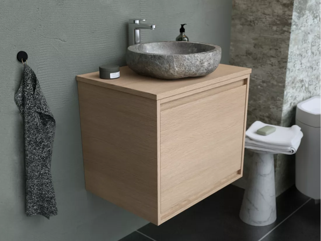 Meuble de salle de bain suspendu avec vasque à poser en pierre - Placage chêne - 60 cm - MESLIVA