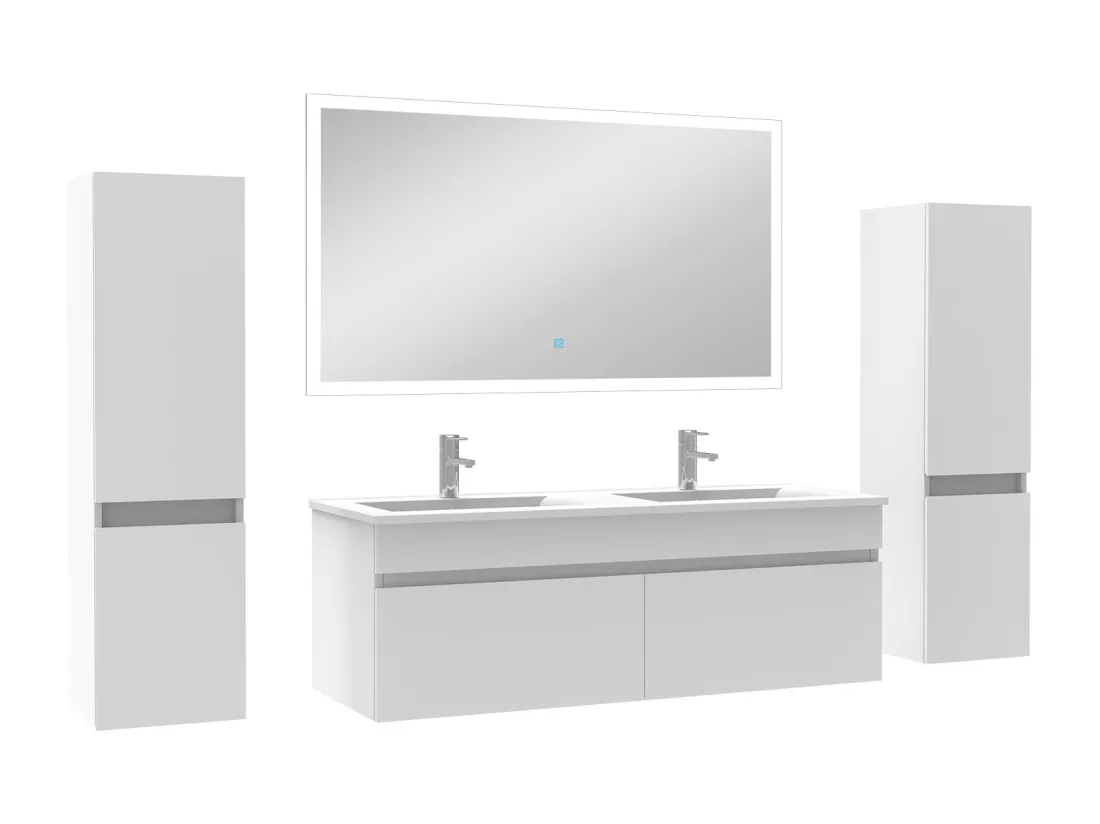 Ensemble meuble Salle de Bain 120cm avec colonne et miroir lumineux dimmable mural blanc