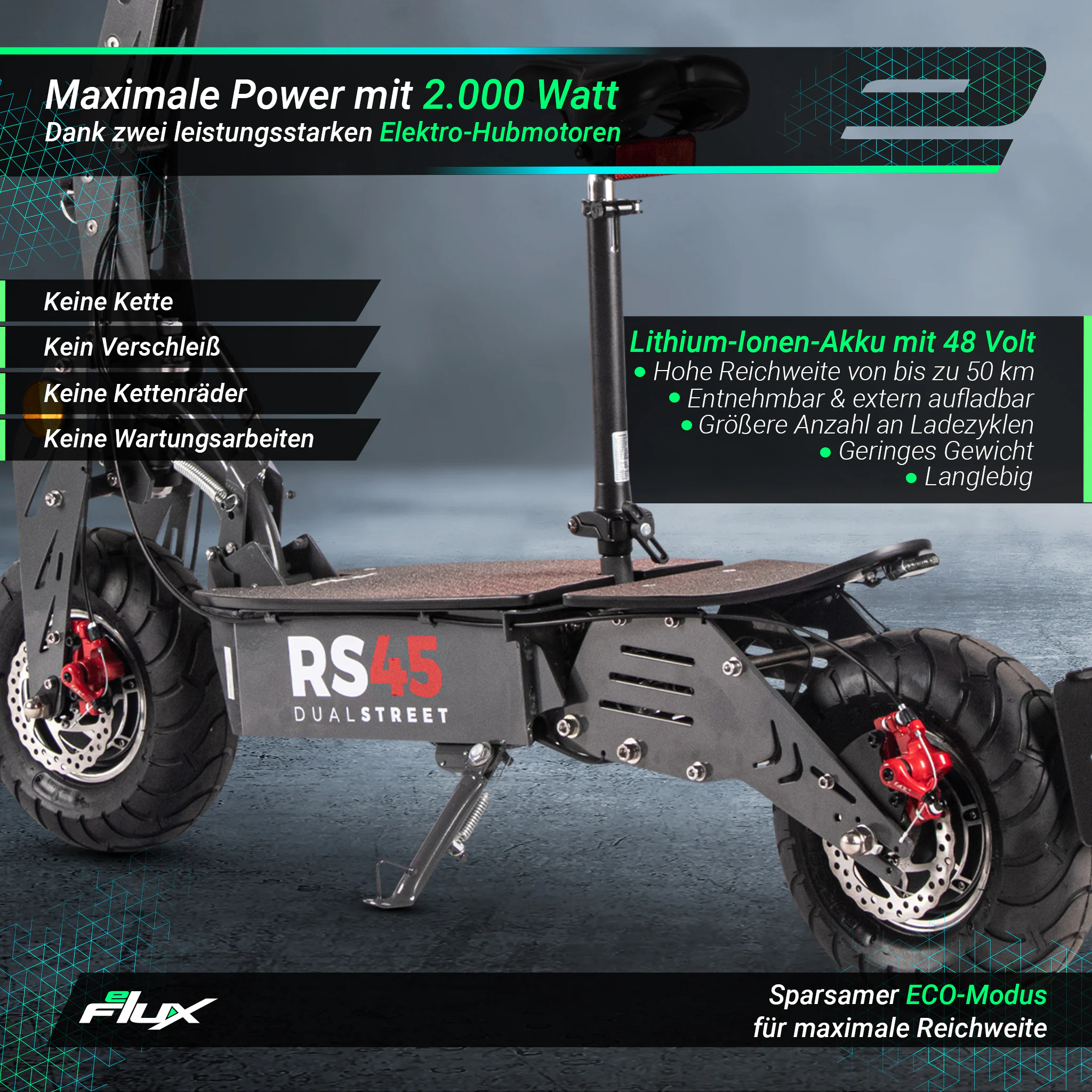 eFlux RS45 Pro E-Scooter, mit Straßenzulassung, Sitz, 45 km/h, 2.000 Watt, Allrad-Antrieb, klappbar (Schwarz)
