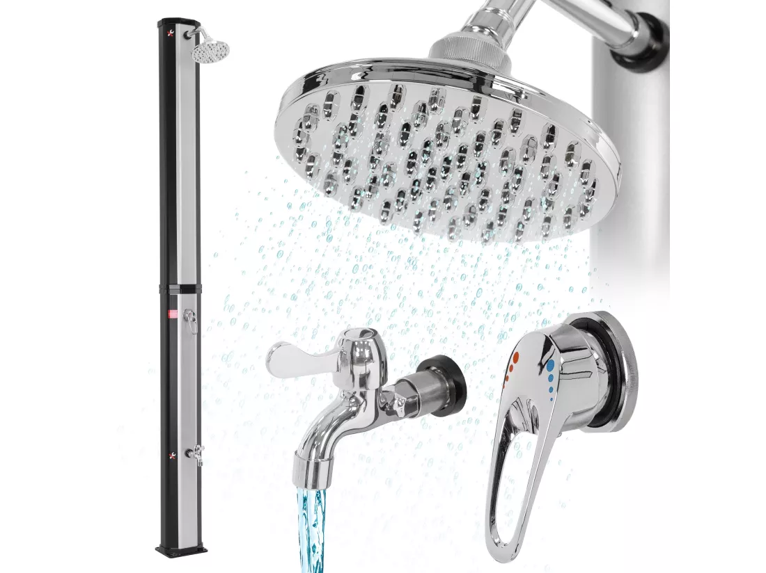 Douche solaire pour l’extérieur 35 litres noir/argent + robinet raccord eau pied