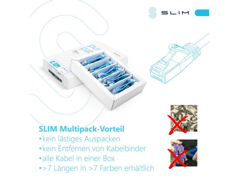 SLIM Slimpatchkabel RJ-45, Cat 6A, U/FTP, 2 m, Grau, 60-Pac SLIM Multipack, 60x 2.0m KAT6A Patchkabel, grau