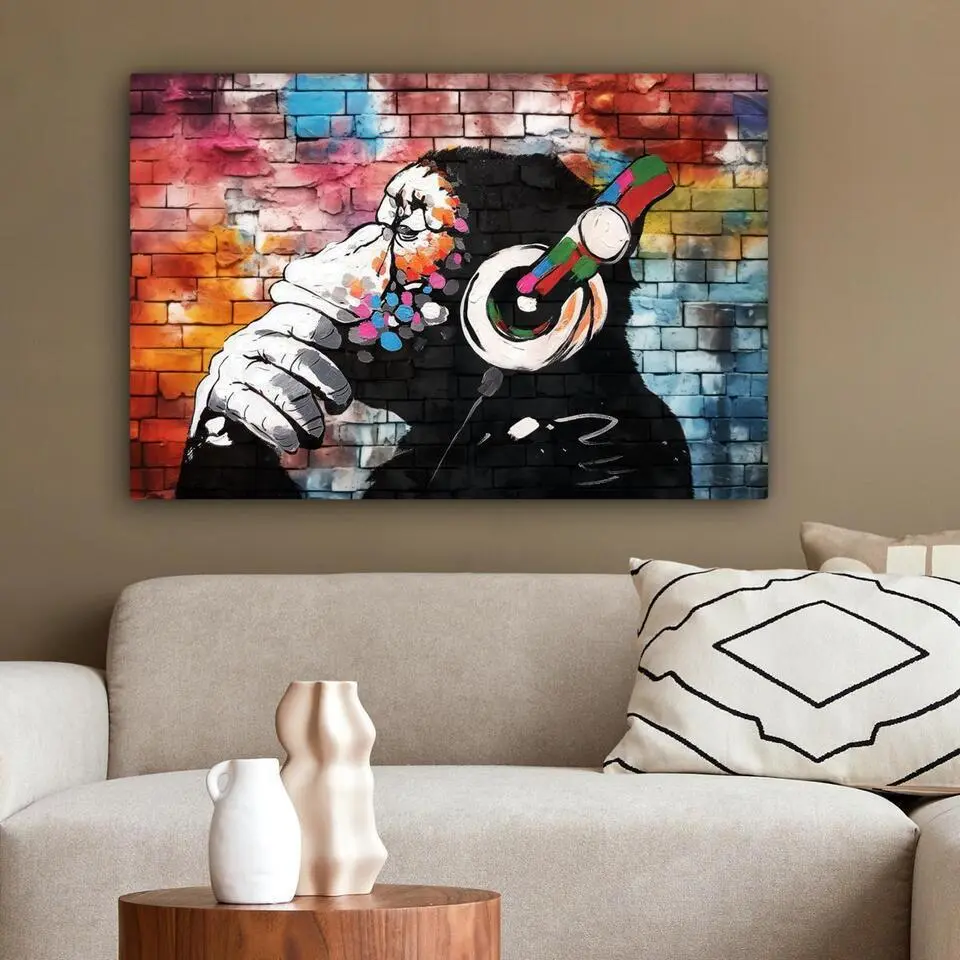 MuchoWow Canvas Schilderij 90x60cm Aap Graffiti Muziek