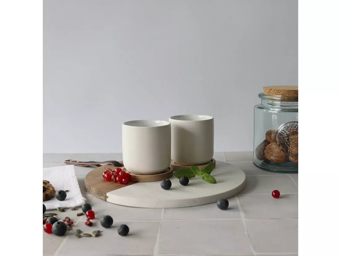 Ogo Living - Set 2 Tasses Enzo En Porcelaine Avec Support Acacia 25 Cl