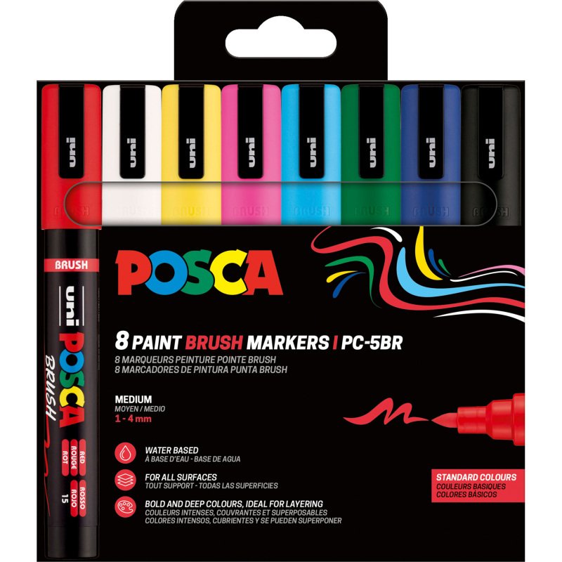 Marqueur Posca PC5BR couleurs assorties pointe pinceau 1 à 4 mm - Pochette de 8