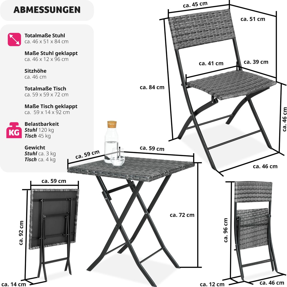 tectake Trevi rotanset voor 2 personen, lichtgewicht