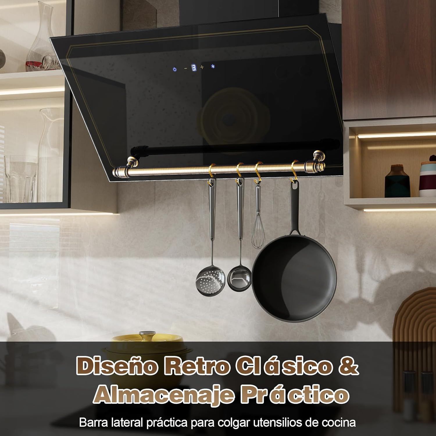 SNDOAS Dunstabzugshaube 60cm, Abzugshaube mit A+++ Energieeffizienz, Abluft/Umluft, 400 m³/h, 3 Stufen + Booster, Wandhaube mit Aktivkohlefilter, Gehärtetes Glas Touchscreen und LED, Schwarz/Gold