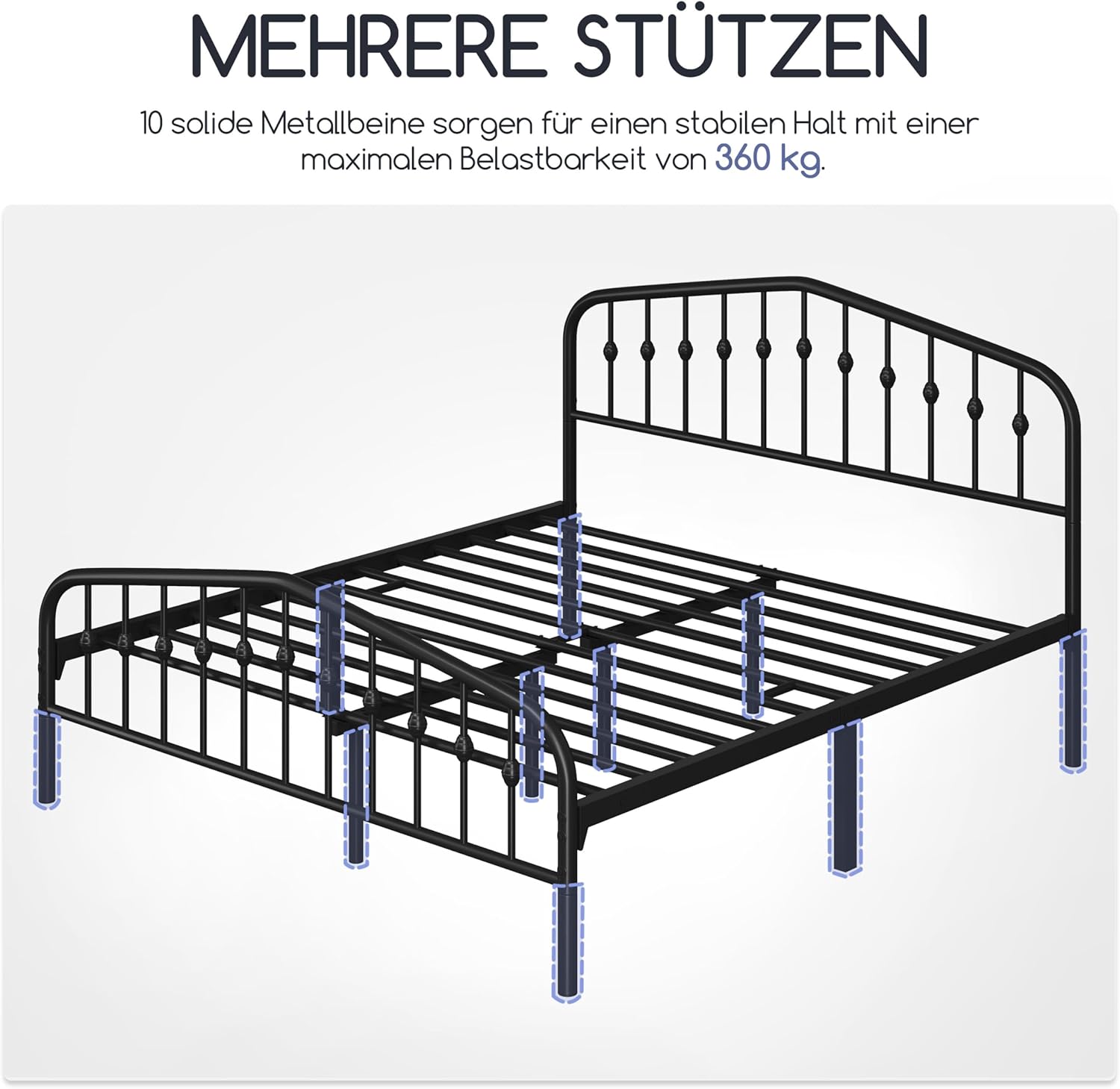 Yaheetech Bettrahmen 160 x 200 cm, Vintage Metallbett mit kronenförmigem Kopfteil, Stabiles Bettgestell Doppelbett aus Metall, Robust & Leichte Montage Gästebett Jugendbett Tagesbett, Schwarz