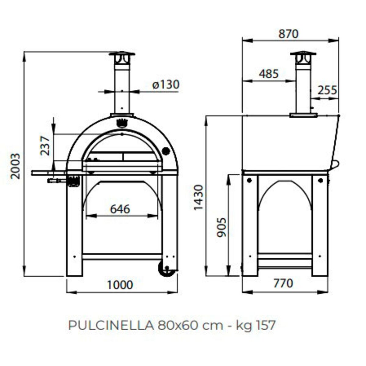 Pulcinella Vedfyrt Pizzaovn 80x60 cm, Antrasitt