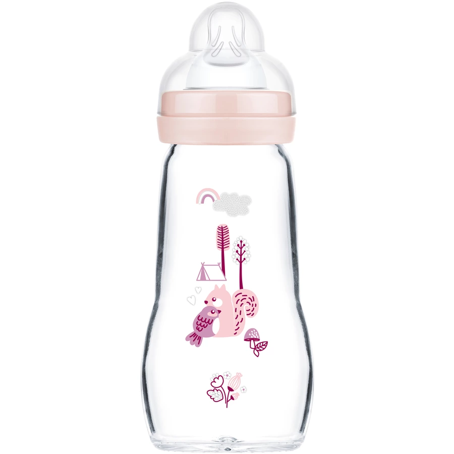 MAM Glasflasche Feel Good 260 ml ab 0 Monaten VogelEichhörnchen rosa