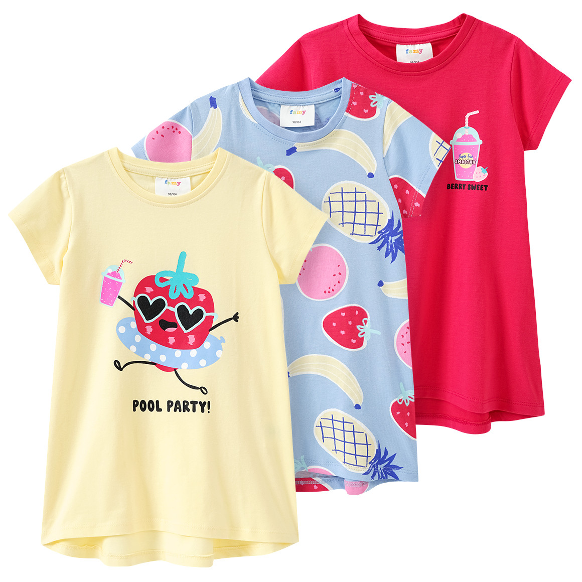 Famy 3 Mädchen T-Shirts mit bunten Motiven hellgelb / rot / hellblau