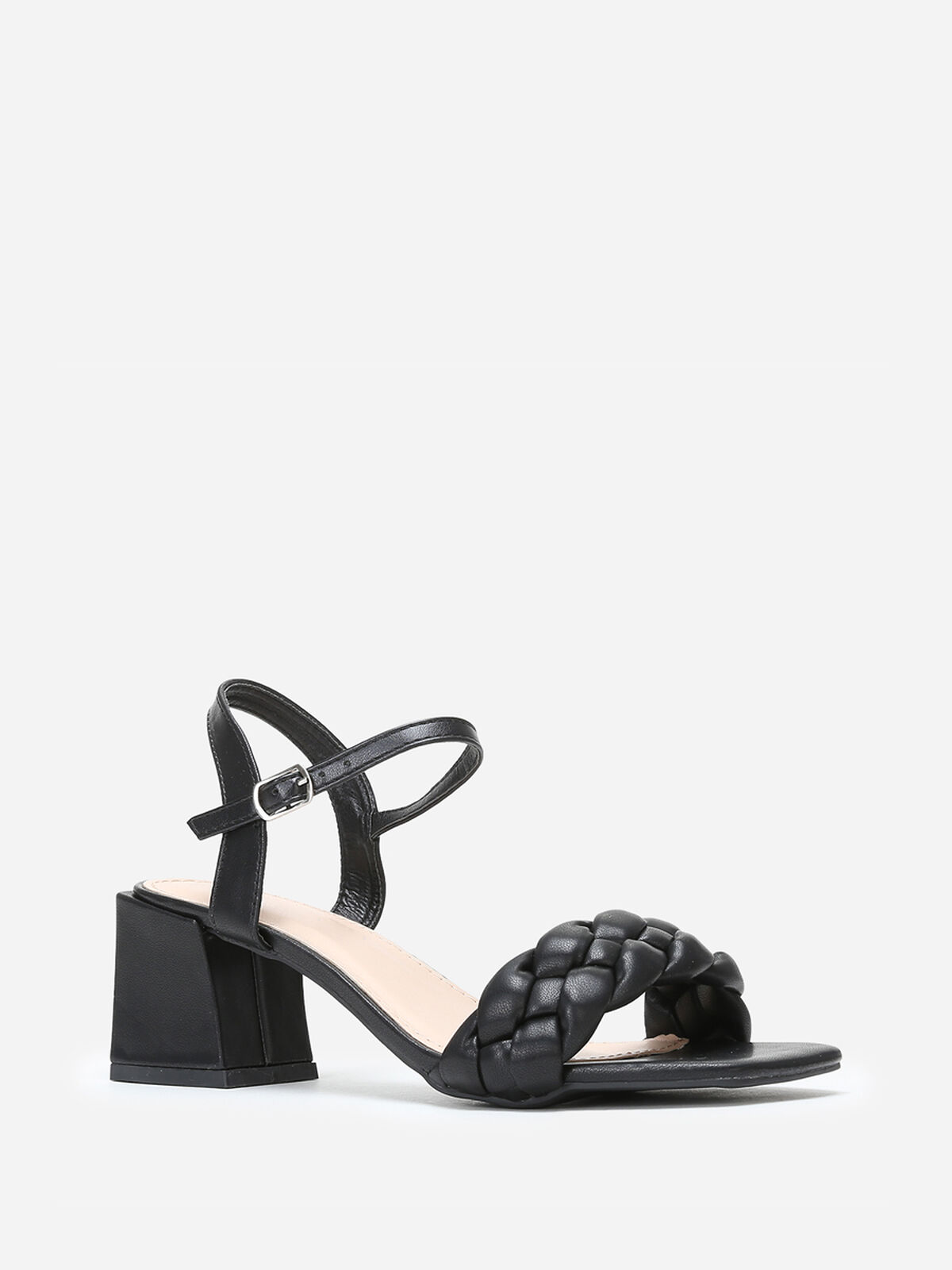 Sandales à bride tressée et talon bloc- Noir