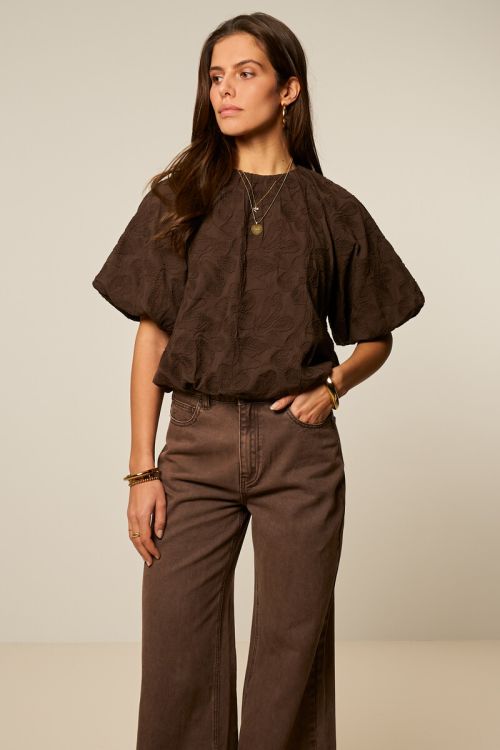 Bruine ballon top met embroidery