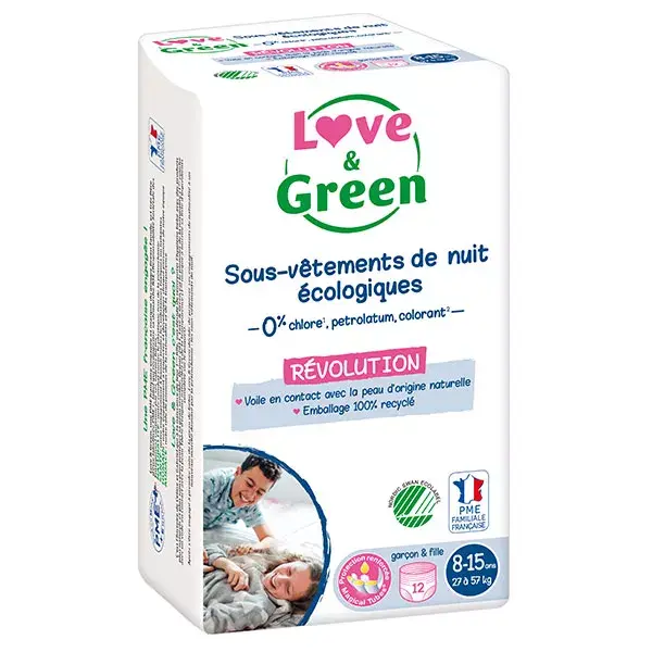 Pijamas ecológicos Love & Green para crianças de 8 a 15 anos, pacote com 12 unidades