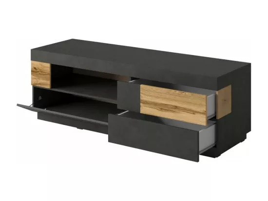 Meuble TV 160cm collection KILES. Coloris gris anthracite et chêne. Style design.